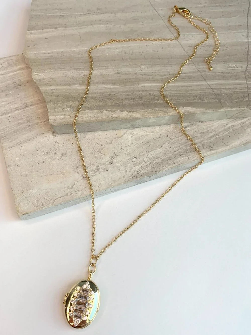 NEW ~ Anthropologie Oval CZ Baguette Gold Locket Necklace